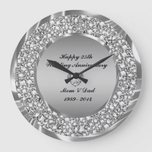 Diamonds & Silver 25th Wedding Anniversary Large Clock