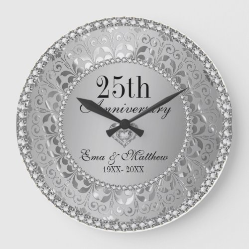 Diamonds  Silver 25th Wedding Anniversary Large Clock