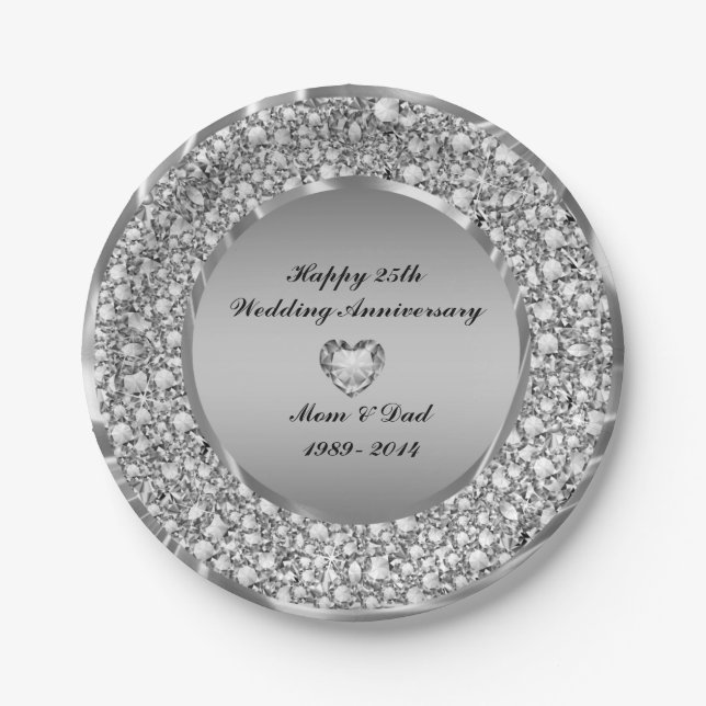 Diamonds & Silver 25th Wedding Anniversary Paper Plates (Front)