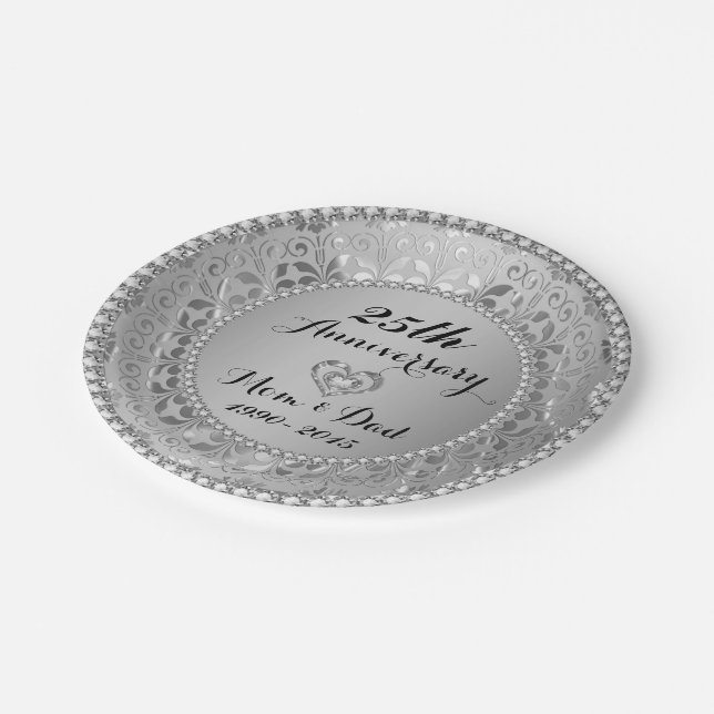Diamonds & Silver 25th Wedding Anniversary Paper Plates (Angled)