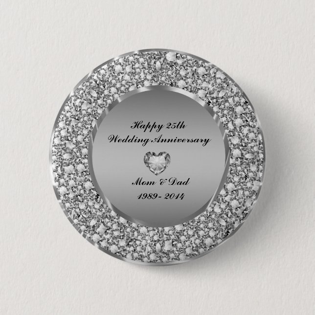 Diamonds & Silver 25th Wedding Anniversary Pinback Button (Front)
