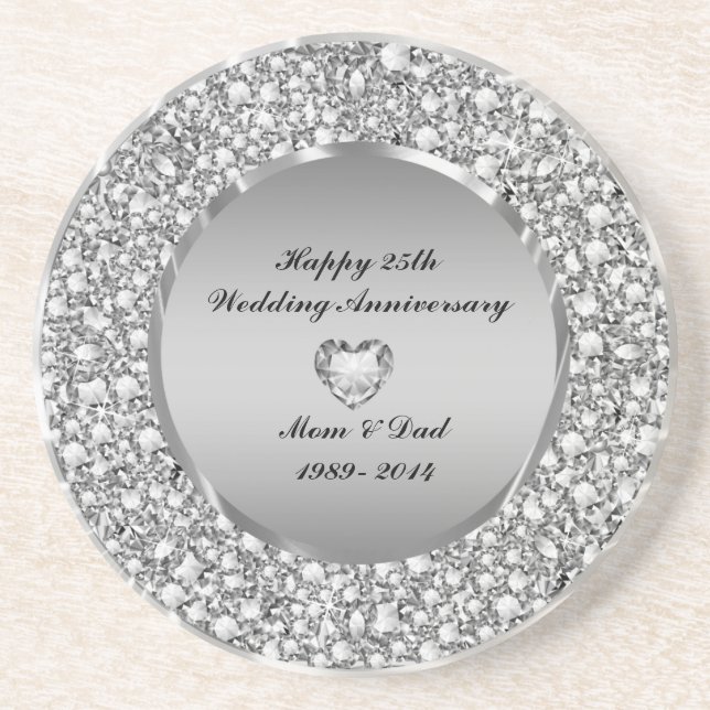 Diamonds & Silver 25th Wedding Anniversary Sandstone Coaster (Front)