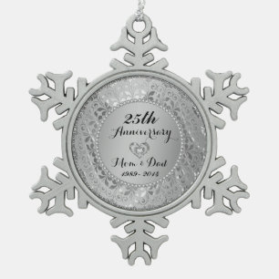 Diamonds & Silver 25th Wedding Anniversary Snowflake Pewter Christmas Ornament