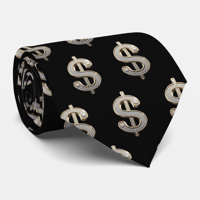 Diamonds & Silver Dollar Sign Bling Neck Tie (Rolled)