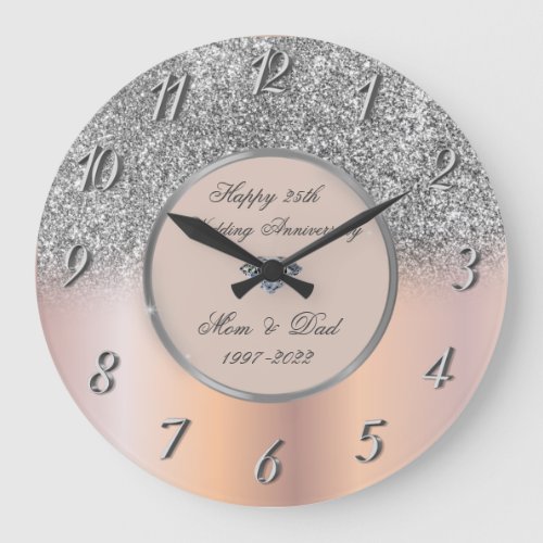 Diamonds Silver Glitter 25 Wedding Anniversary  Large Clock