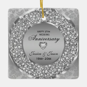 Diamonds & Silver Ring 25th Wedding Anniversary Ceramic Ornament
