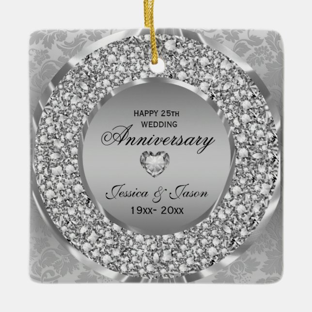 Diamonds & Silver Ring 25th Wedding Anniversary Ceramic Ornament (Front)