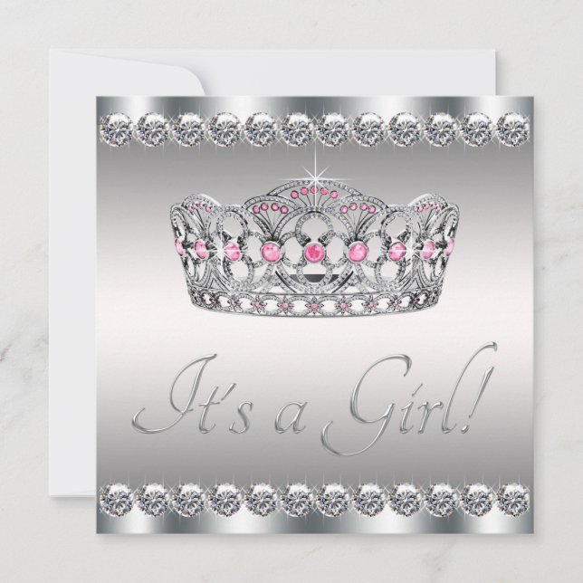 Diamonds Silver Tiara Pink Black Baby Shower Invitation (Front)