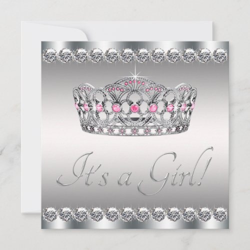 Diamonds Silver Tiara Pink Black Baby Shower Invitation