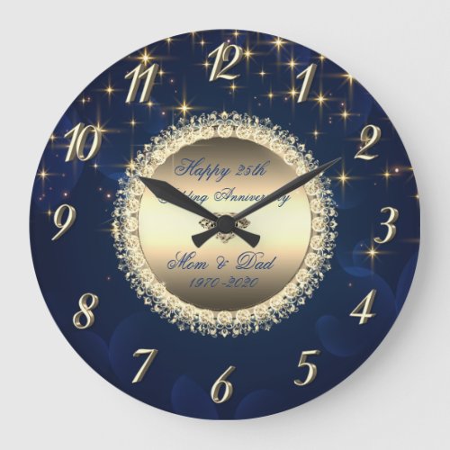 Diamonds Stars Navy Blue 50 Wedding Anniversary Large Clock