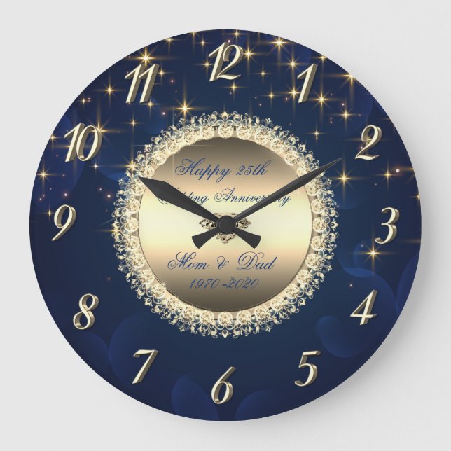 Diamonds Stars Navy Blue 50 Wedding Anniversary Large Clock (Front)