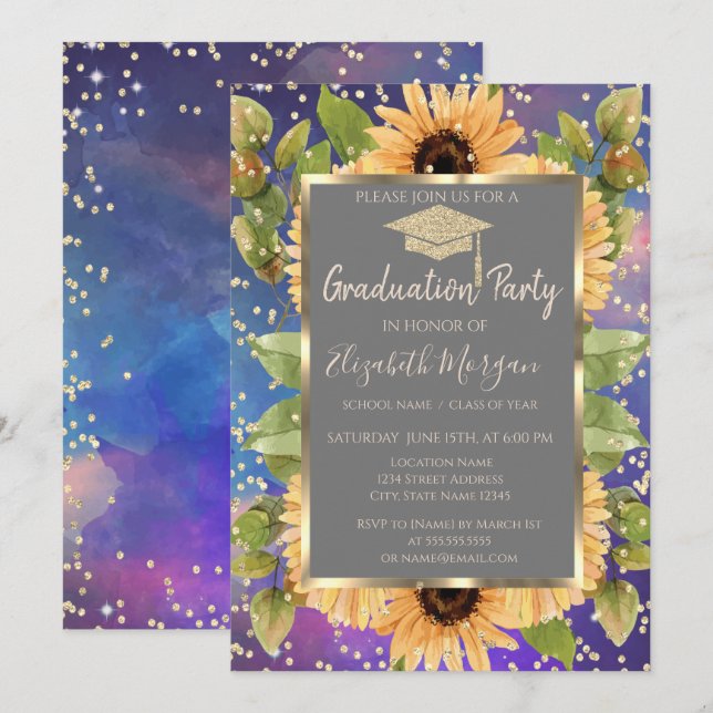 Diamonds  Sunflowers Paint Splash  Graduation Invitation (Front/Back)