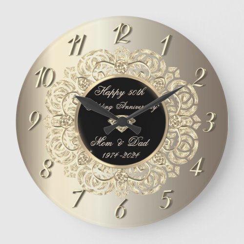 Diamonds Swirls Champagne 50th Wedding Anniversary Large Clock