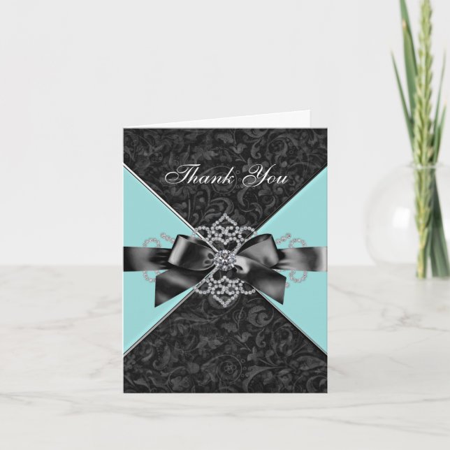 Diamonds Teal Blue Black Damask Thank You Cards (Front)