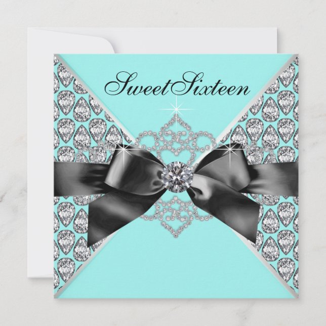 Diamonds Teal Blue Black Sweet 16 Birthday Party Invitation (Front)