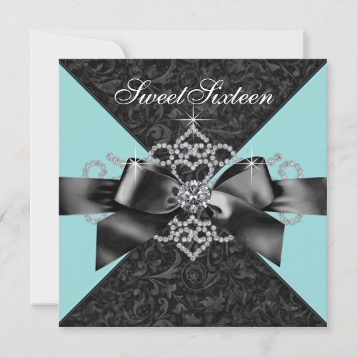 Diamonds Teal Blue Black Sweet 16 Birthday Party Announcement