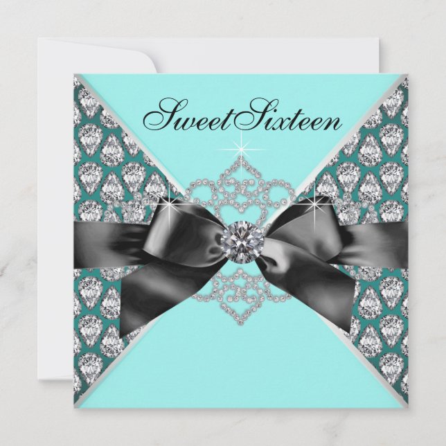 Diamonds Teal Blue Black Sweet 16 Birthday Party Invitation (Front)