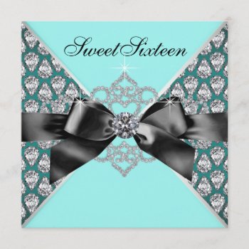 Diamonds Teal Blue Black Sweet 16 Birthday Party Invitation by Pure_Elegance at Zazzle