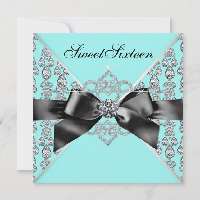 Diamonds Teal Blue Black Sweet 16 Birthday Party Invitation (Front)