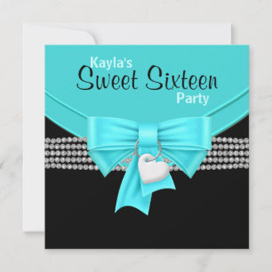 Diamonds Teal Blue Black White Sweet 16 Party Invitation