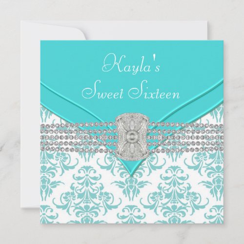 Diamonds Teal Blue Damask Sweet Sixteen Birthday Custom Invite