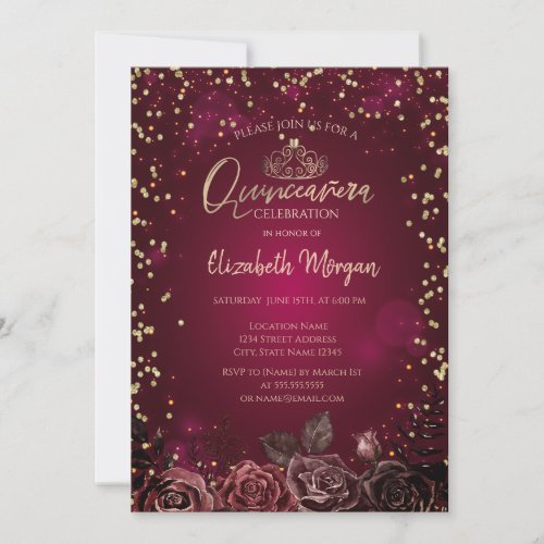 DiamondsTiara Burgundy Roses Quinceaera Invitation