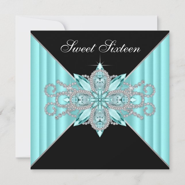 Diamonds Turquoise Blue and Black Birthday Invitation (Front)