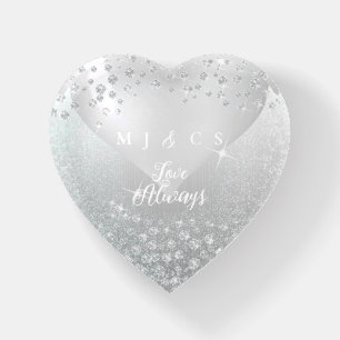 Diamonds Wedding Heart Silver White Paperweight