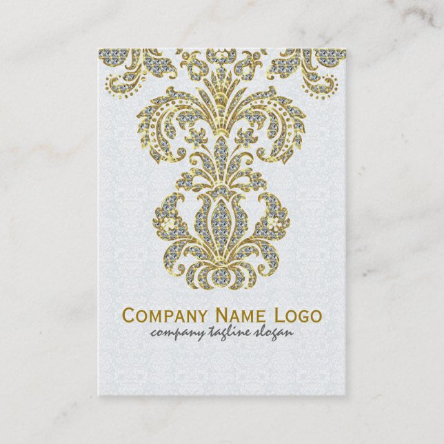 Diamonds White & Gold Pattern Floral Damasks Business Card (Front)