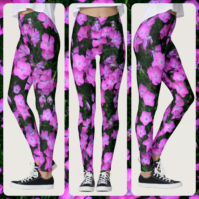 Dianthus Flowers Bright Pink and Green Floral Leggings (Creator Uploaded)