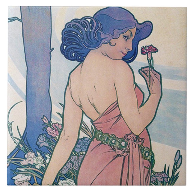 Dianthus (Four Flowers), Alphonse Mucha Ceramic Tile (Front)