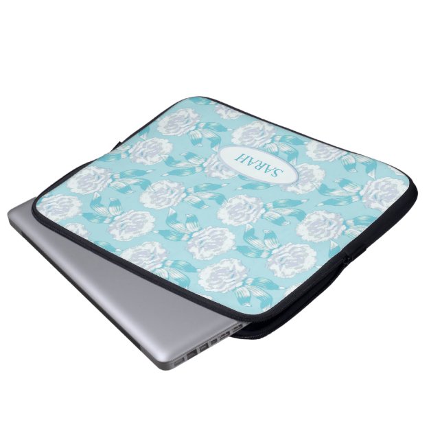 Dianthus white on blue floral named laptop case (Front Bottom)