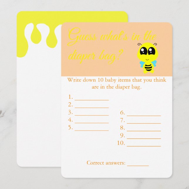 Diaper Bag, Baby Shower Game Card Flyer, Bee  (Front/Back)