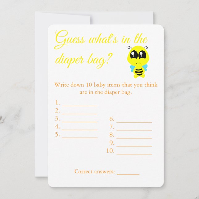 Diaper Bag, Baby Shower Game Card Flyer, Bee  (Front)