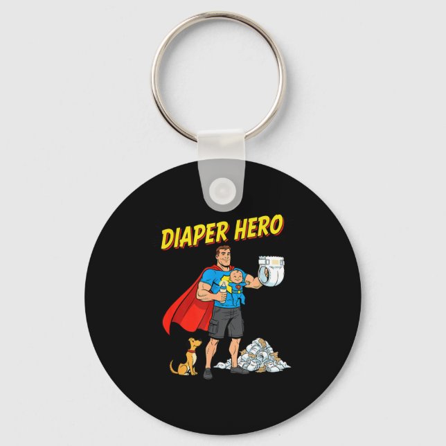 Diaper Hero Funny Cartoon Dad Design For New Fathe Keychain (Front)