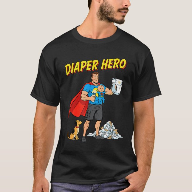 Diaper Hero Funny Cartoon Dad Design For New Fathe T-Shirt (Front)