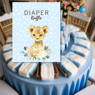 Diaper Raffle Baby Shower Lion Cub Floral Blue Poster