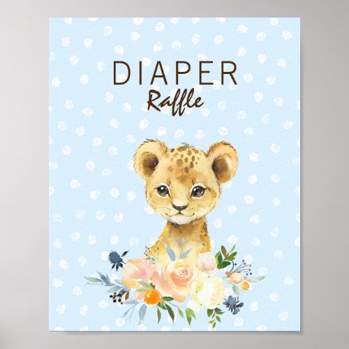 Diaper Raffle Baby Shower Lion Cub Floral Blue Poster