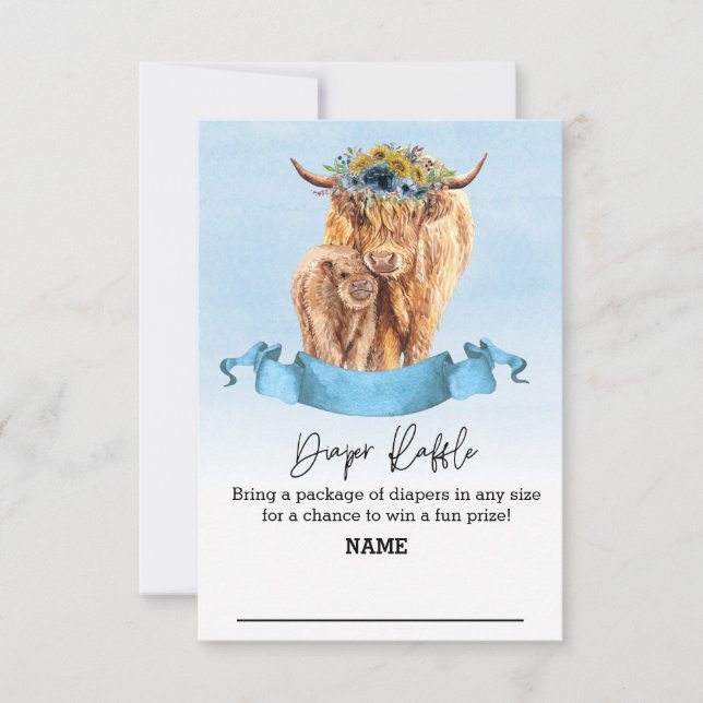 Diaper Raffle Blue boy Highland Cow Baby Shower Invitation (Front)