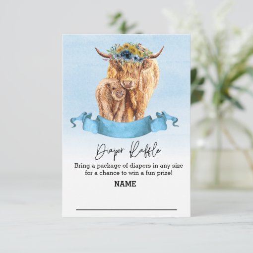 Diaper Raffle Blue boy Highland Cow Baby Shower Invitation | Zazzle