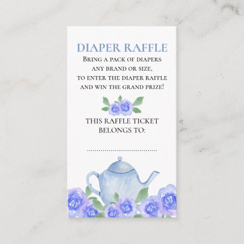 Diaper Raffle Blue Floral Teapot Baby Shower Enclosure Card