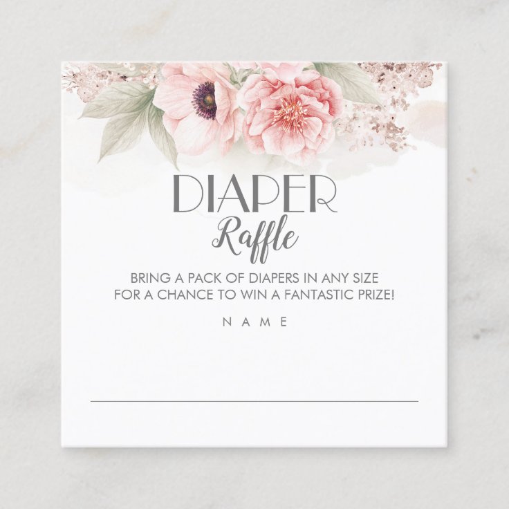 Diaper Raffle Blush Pink Floral Baby Shower Square Business Card | Zazzle