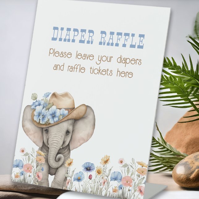 Diaper Raffle Boho Cowboy Elephant Baby Shower Pedestal Sign (Diaper Raffle Sign from the Boho Elephant Baby Shower Collection by Darling & May)