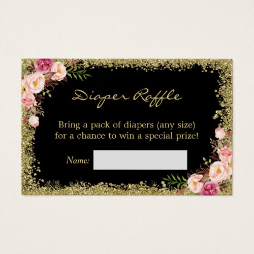 Diaper Raffle Card Black Gold Glitter Pink Floral - Just insert this Black Gold Glitter Pink Floral - Diaper Raffle Ticket with the invitation inside the envelope so that your guests will know if they bring a package of diapers, they have a chance to win a special prize! It's a great way to kick off the fun at the Baby Shower!