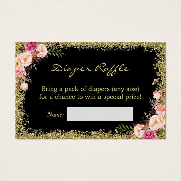 Diaper Raffle Invitation Black Gold Glitter Pink Floral
