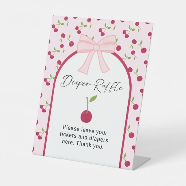 Diaper Raffle Cherry on Top Coquette Baby Shower  Pedestal Sign (Front)