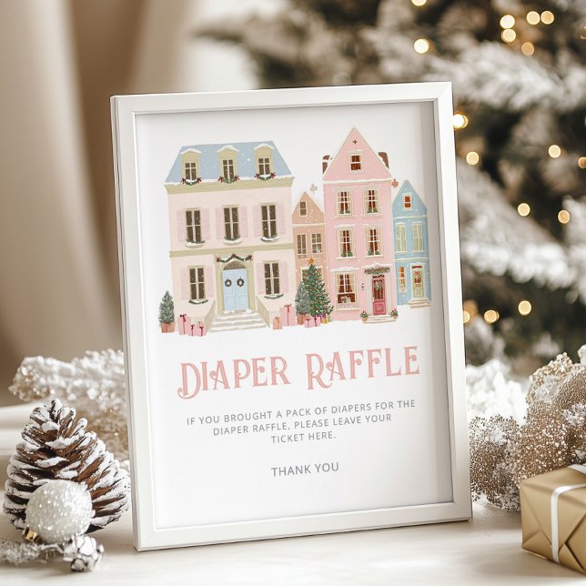 Diaper raffle Christmas village Pink Baby Shower Poster (Creator Uploaded)