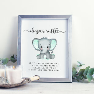 Diaper Raffle Drop Off Mint Elephant Baby Shower Poster