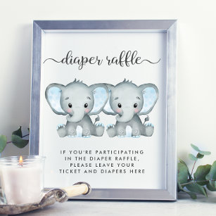 Diaper Raffle Elephant Twin Baby Boys Shower Poster