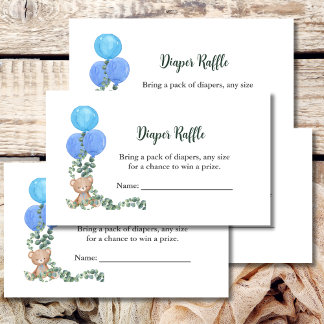 Diaper Raffle Game Bear Blue Balloon Eucalyptus Enclosure Card